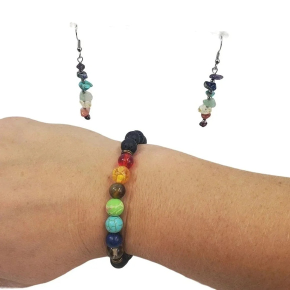 Beautiful Chakra Stones Earrings and Matching Black Lava Stone Chakra Bracelet. - Picture 6 of 9